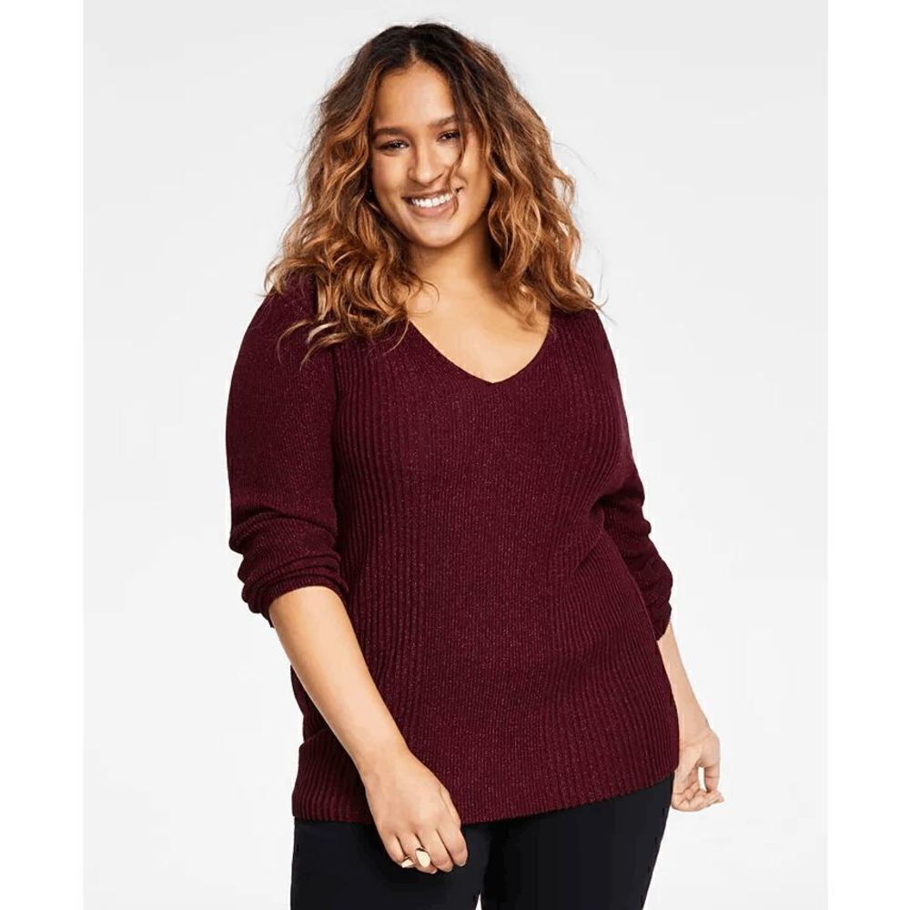 ALFANI Plus Size Ribbed Shine V-Neck Top 1X